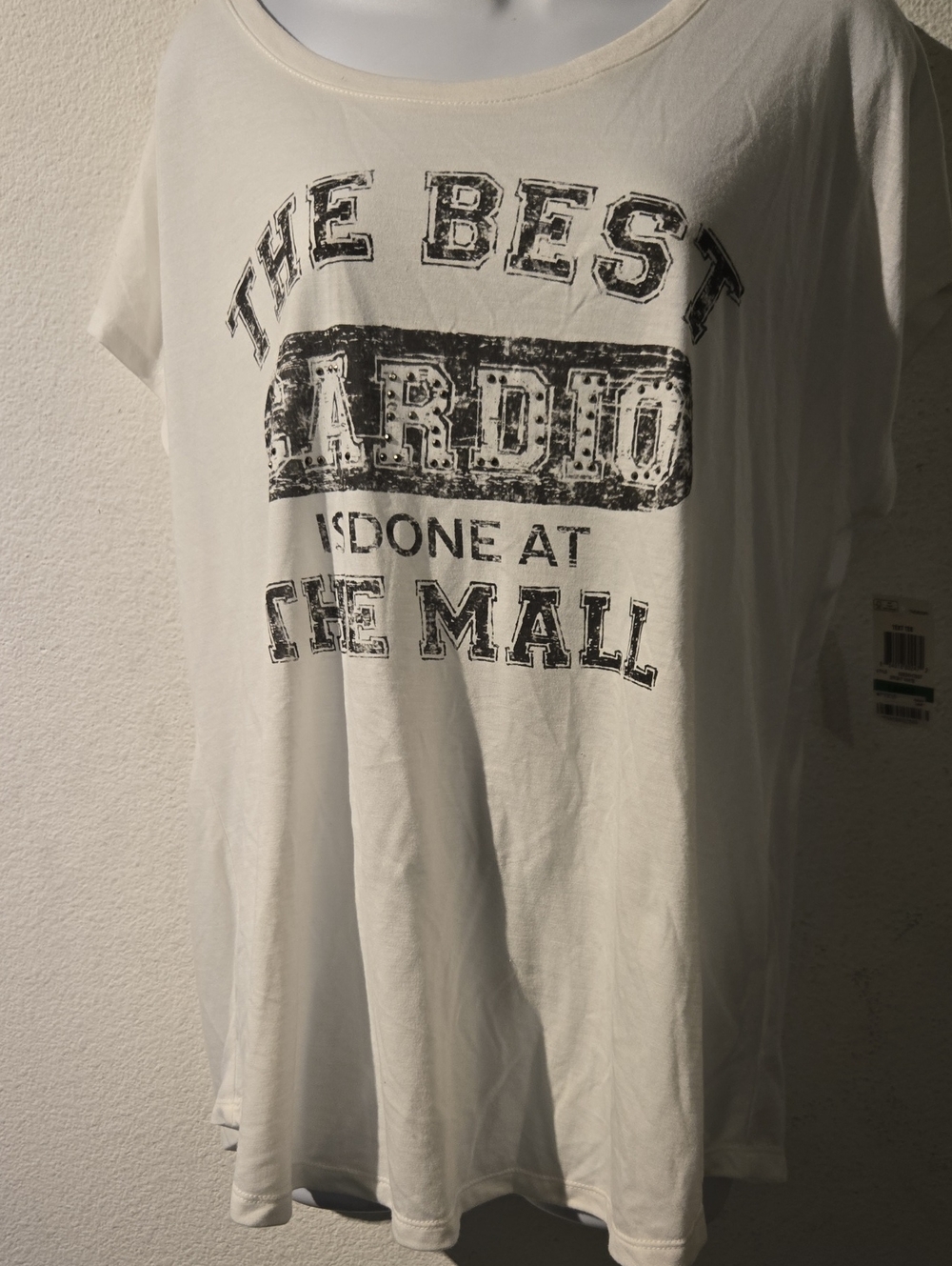NEW STYLE & CO SPORT SHIRT "THE BEST CARDIO IS DONE AT MALL"SZ.L W/TAGS